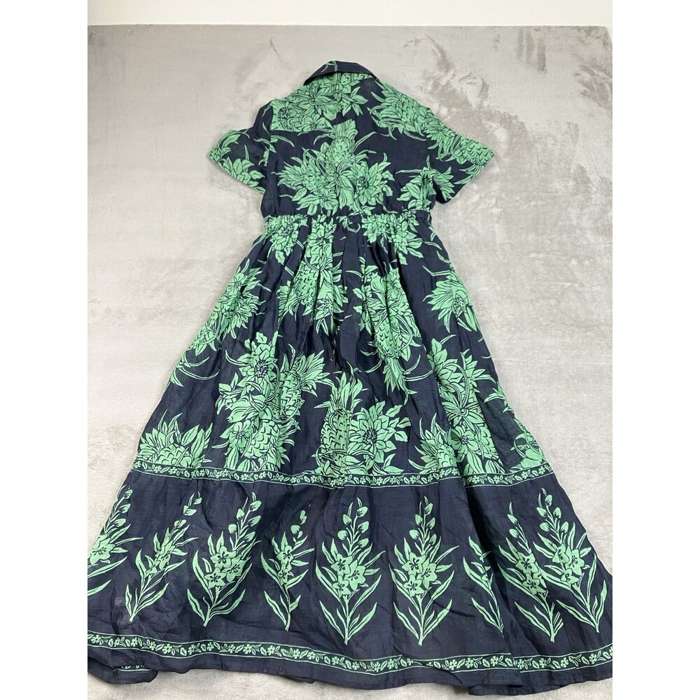 J Crew Ramie Cerise Shirt Dress Womens 12 Navy Green Pineapple Print Midi - Picture 13 of 16